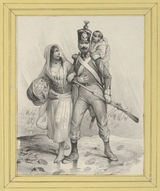 Soldier with a woman on his arm and a child on his back Wall Art by Victor Adam - High-Resolution Digital Print