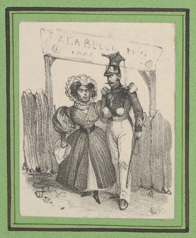 Soldier with a woman on his arm in front of a wodden gate Wall Art by Victor Adam - High-Resolution Digital Print