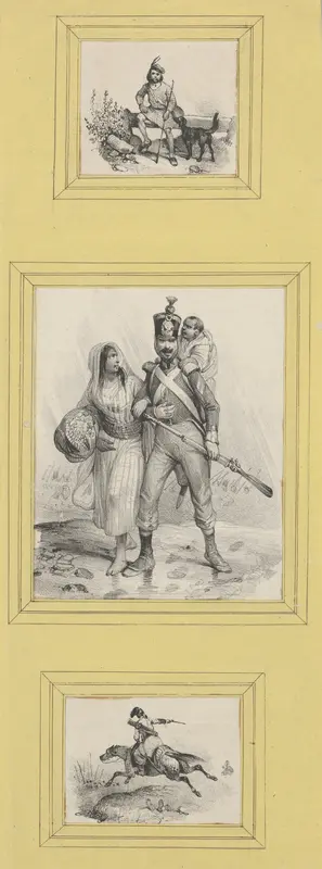 Soldiers and a Highlander (3 prints of varying size pasted onto a yellow sheet) by Victor Adam - High-Resolution Digital Print