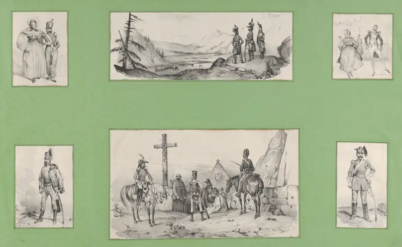 Soldiers and Landscapes, (6 prints mounted onto a green album sheet) by Victor Adam - High-Resolution Digital Print