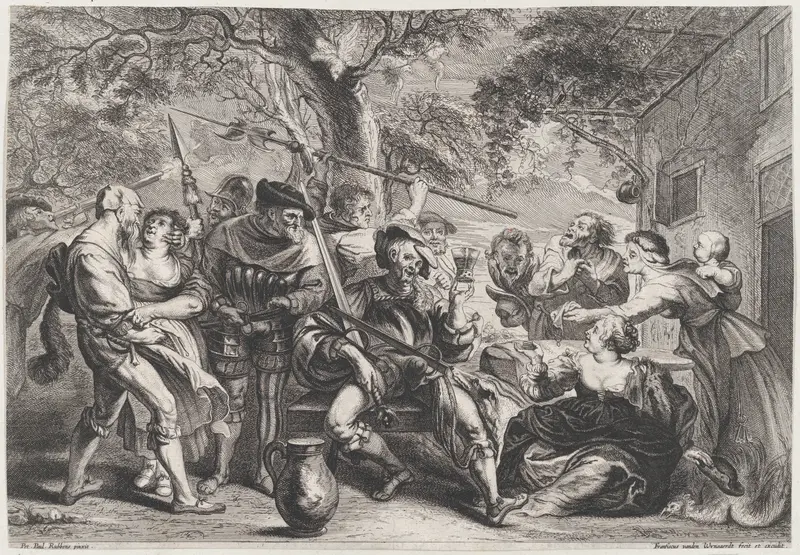 Soldiers and peasants, sitting and fighting near a table Wall Art by Frans van den Wyngaerde - High-Resolution Digital Print