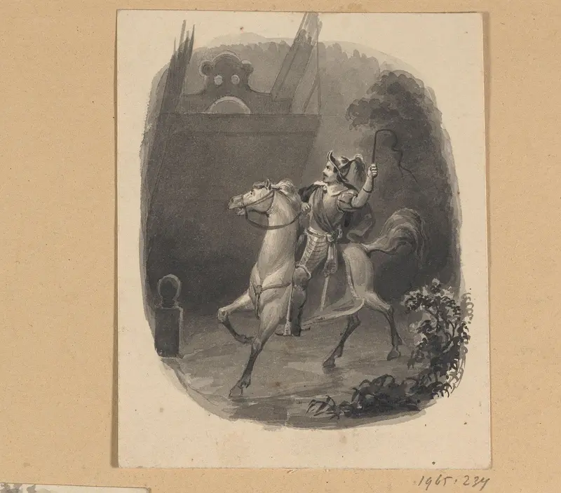 Spaanse soldaat te paard bij een ophaalbrug Wall Art by Johann Wilhelm Kaiser (I) - High-Resolution Digital Print