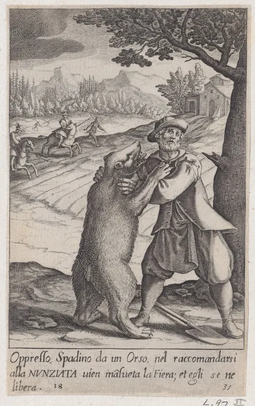 Spadino and the Bear, from Scelta d'Alcuni Miracoli e Grazie della Santissima Nunziata di Firenze (Selection of Some Miracles and Graces that Occurred in the Church of the Annunziata in Florence) Wall Art by Jacques Callot - High-Resolution Digital Print