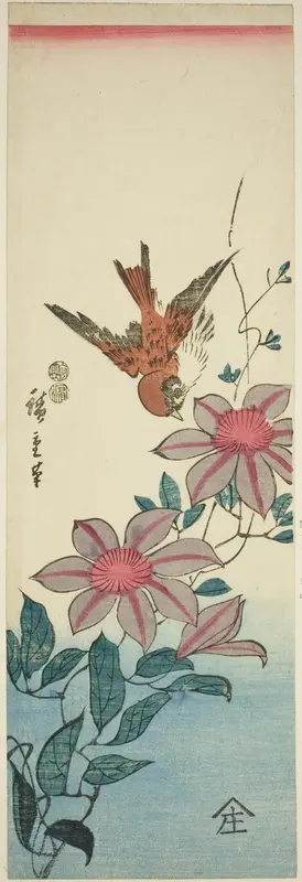 Sparrow and clematis Wall Art by Utagawa Hiroshige - High-Resolution Digital Print