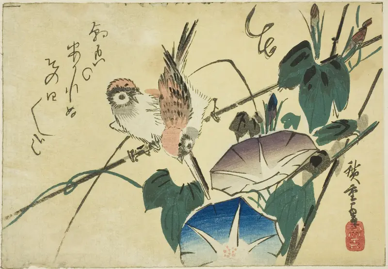Sparrows and morning glories