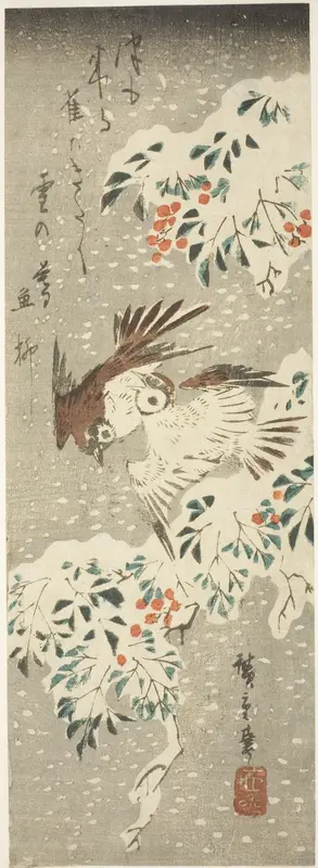 Sparrows Flitting about Snow-covered Nandina as More Snow Falls