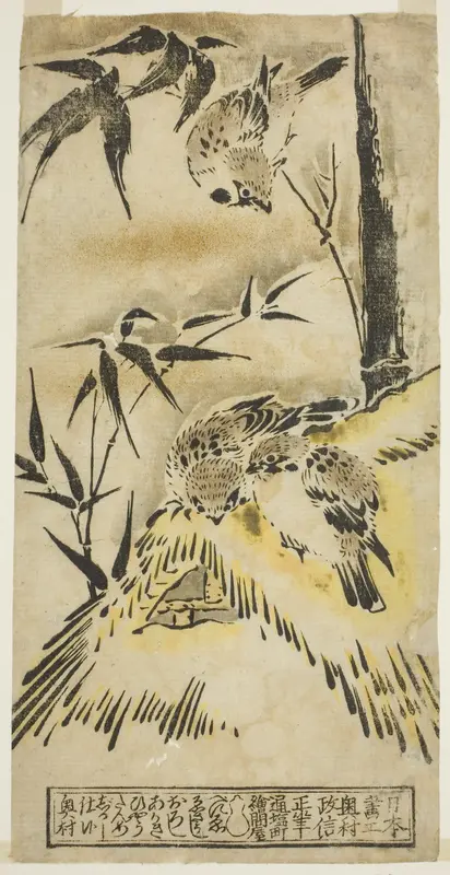 Sparrows, Thatched Roof, and Bamboo Wall Art by Okumura Masanobu - High-Resolution Digital Print