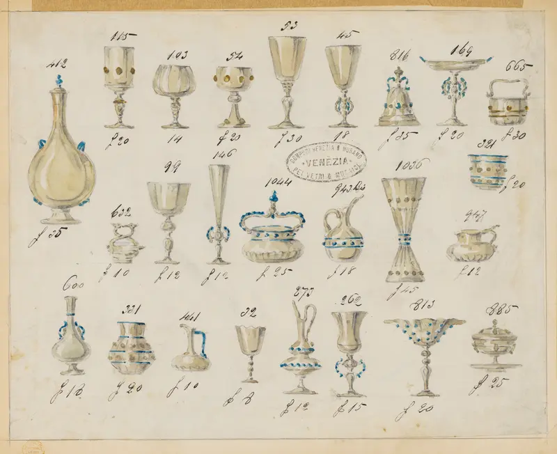 Specimens of Tinted Glassware with Decorations in Gold and Blue Wall Art by Compagnia di Venezia e Murano - High-Resolution Digital Print