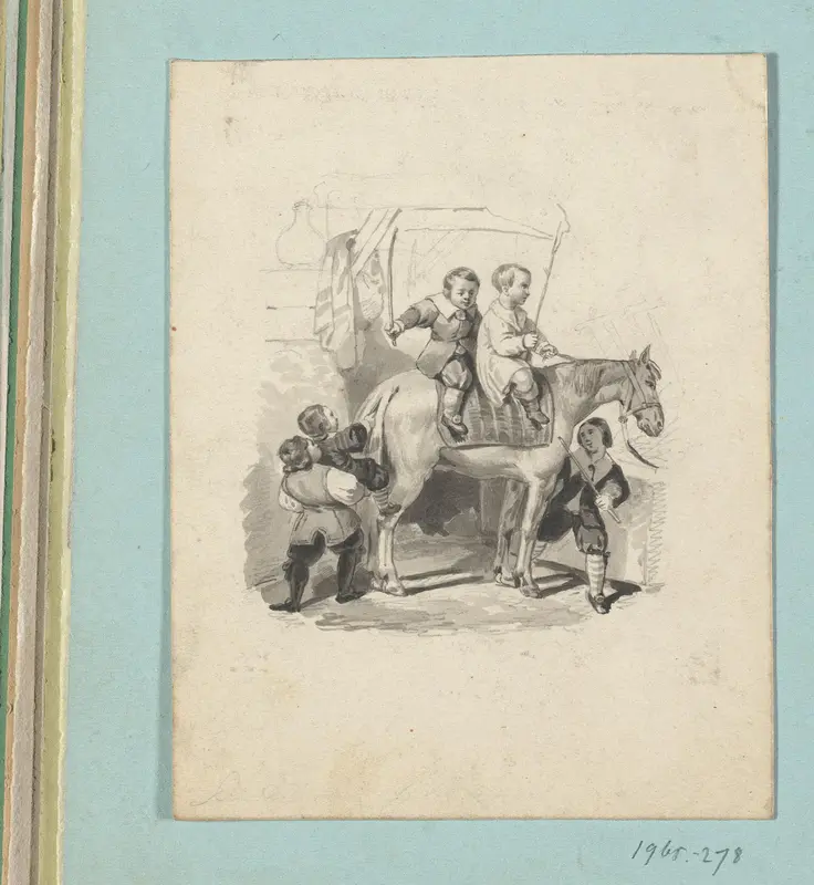 Spelende kinderen met een paard in een stal Wall Art by Johann Wilhelm Kaiser (I) - High-Resolution Digital Print