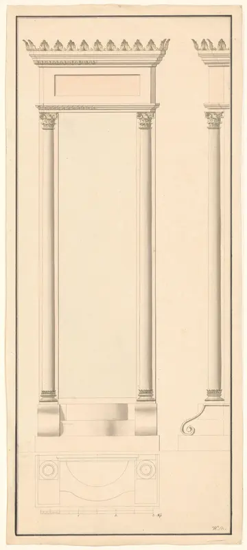Spiegeltrumeau, voor- en zijaanzicht met daaronder doorsnede Wall Art by Unknown - High-Resolution Digital Print