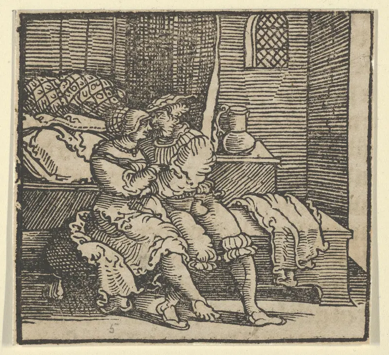 Spinneloccio Locked up in a Chest, on which his Wife and Zeppa are Seated, from The Decameron Wall Art by Hans Schäufelein - High-Resolution Digital Print