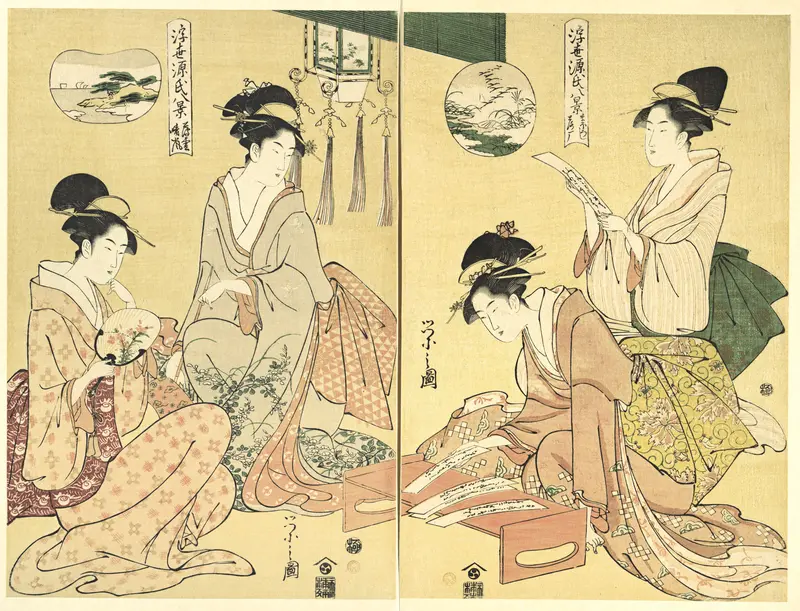 Spirit Summoner; Wild Geese Returning Home (Maboroshi; Rakugan) (right) and A Thin Veil of Clouds; Clearing Weather (Usugumo; Seiran) (left), from the series Eight Views of The Tale of Genji in the Floating World (Ukiyo Genji hakkei)