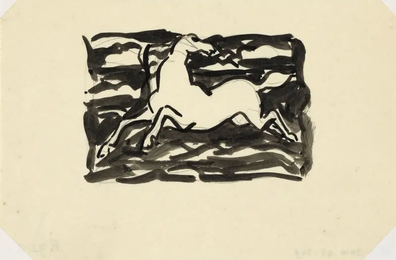 Springend paard met het hoofd naar achteren gedraaid in een kader met op de achtergrond golven. Wall Art by Leo Gestel - High-Resolution Digital Print