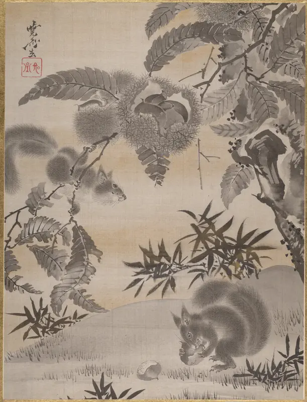 Squirrels Gathering Chestnuts Wall Art by Kawanabe Kyōsai 河鍋暁斎 - High-Resolution Digital Print