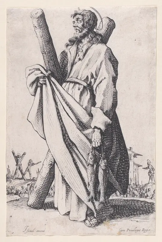 St. Andrew, from "Les Grands Apôtres Debout, Représentant Le Sauveur, La Bienheureuse Marie et Les Saints Apôtres" (The Large Standing Apostles, Representing The Savior, The Blessed Mary and The Apostles) Wall Art by Jacques Callot - High-Resolution Digital Print