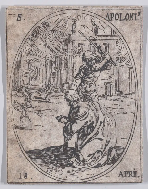 St. Apollonius, April 18th, from "Les Images De Tous Les Saincts et Saintes de L'Année" (Images of All of the Saints and Religious Events of the Year) Wall Art by Jacques Callot - High-Resolution Digital Print