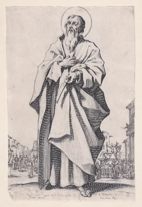 St. Bartholomew, from "Les Grands Apôtres Debout, Représentant Le Sauveur, La Bienheureuse Marie et Les Saints Apôtres" (The Large Standing Apostles, Representing The Savior, The Blessed Mary and The Apostles) Wall Art by Jacques Callot - High-Resolution Digital Print