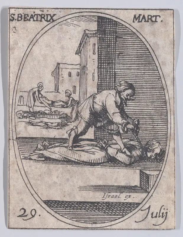 St. Beatrix, Martyr, July 30th, from "Les Images De Tous Les Saincts et Saintes de L'Année" (Images of All of the Saints and Religious Events of the Year) Wall Art by Jacques Callot - High-Resolution Digital Print