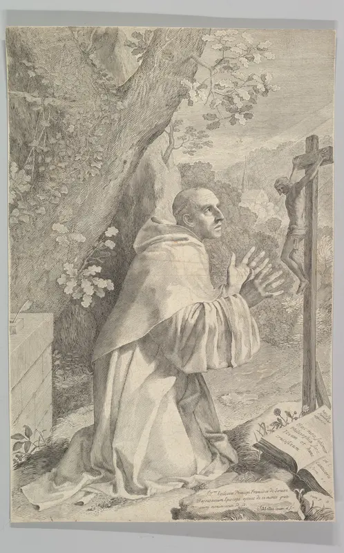 St. Bernard Kneeling Before a Crucifix Wall Art by Claude Mellan - High-Resolution Digital Print