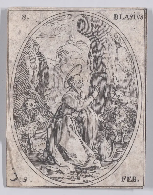 St. Blaise, February 3rd, from "Les Images De Tous Les Saincts et Saintes de L'Année" (Images of All of the Saints and Feast Days of the Year) Wall Art by Jacques Callot - High-Resolution Digital Print