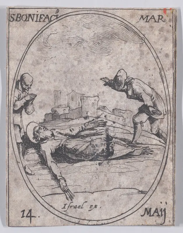 St. Boniface, Martyr, May 14th, from "Les Images De Tous Les Saincts et Saintes de L'Année" (Images of All of the Saints and Religious Events of the Year) Wall Art by Jacques Callot - High-Resolution Digital Print