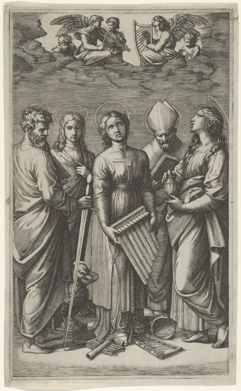St Cecilia holding an organ, flanked by St Paul, St John the Evangelist, St Augustine and Mary Magdalen, musical angels above