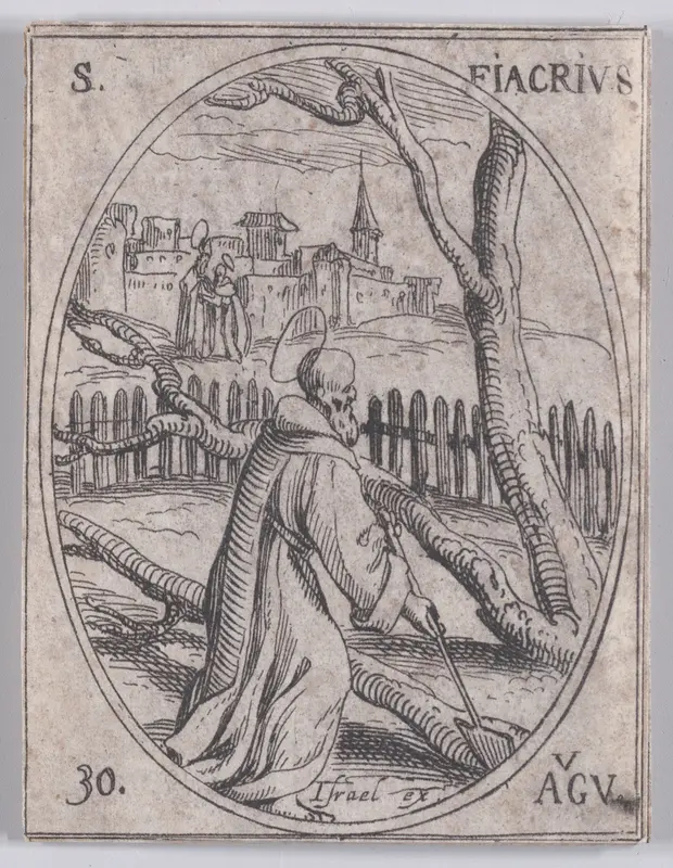 St. Fiacre, August 30th, from "Les Images De Tous Les Saincts et Saintes de L'Année" (Images of All of the Saints and Religious Events of the Year) Wall Art by Jacques Callot - High-Resolution Digital Print