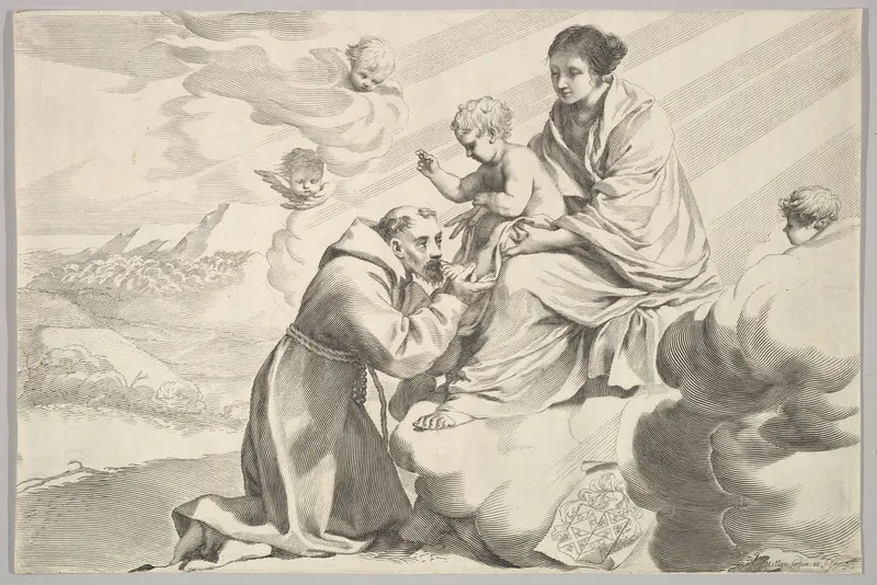 St Francis of Assisi Adoring the Christ Child on the Virgin's Lap Wall Art by Claude Mellan - High-Resolution Digital Print