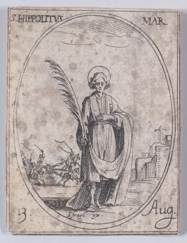 St. Hippolyte, martyr (St. Hippolytus, Martyr), August 13th, from "Les Images De Tous Les Saincts et Saintes de L'Année" (Images of All of the Saints and Religious Events of the Year) Wall Art by Jacques Callot - High-Resolution Digital Print