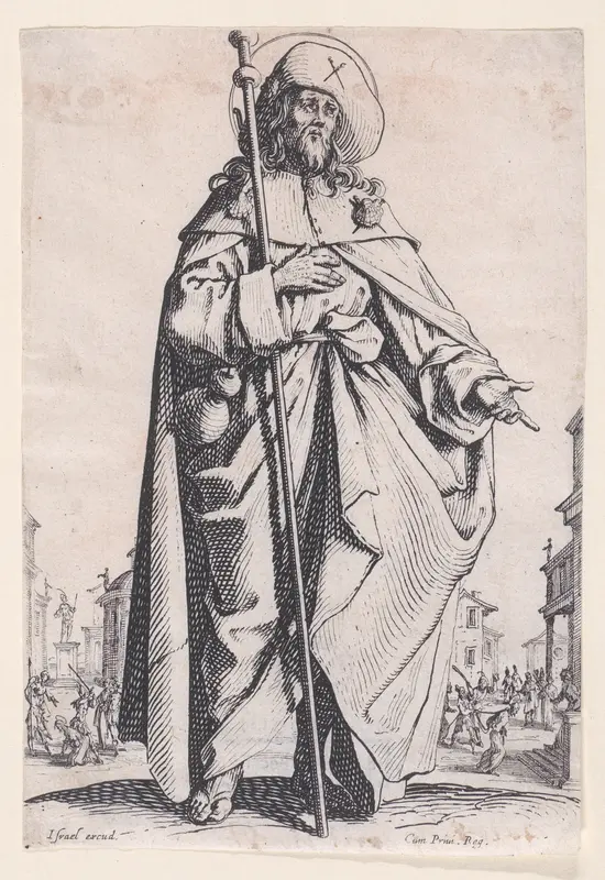 St. James Major, from "Les Grands Apôtres Debout, Représentant Le Sauveur, La Bienheureuse Marie et Les Saints Apôtres" (The Large Standing Apostles, Representing The Savior, The Blessed Mary and The Apostles) Wall Art by Jacques Callot - High-Resolution Digital Print