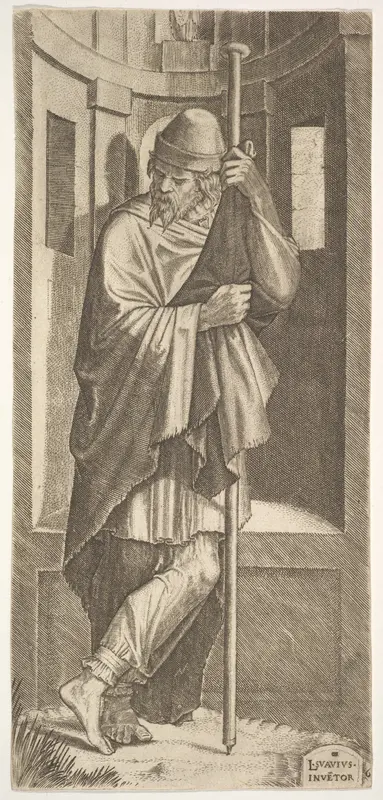 St. James Major leaning on a pole before a niche, from "Christ and the Twelve Apostles" Wall Art by Lambert Suavius - High-Resolution Digital Print