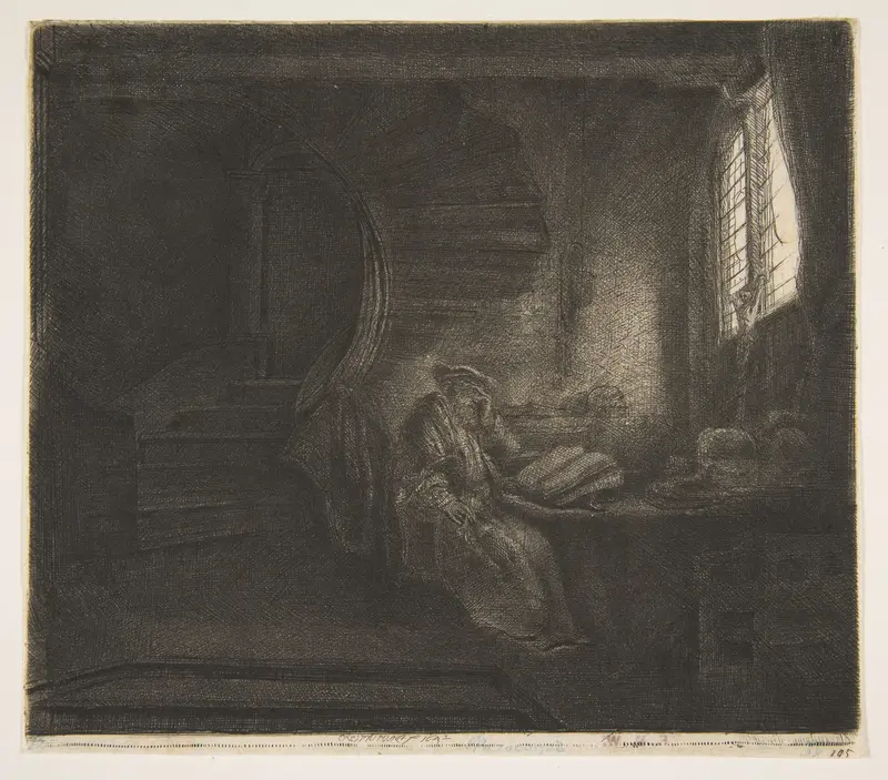 St. Jerome in a Dark Chamber Wall Art by Rembrandt (Rembrandt van Rijn) - High-Resolution Digital Print