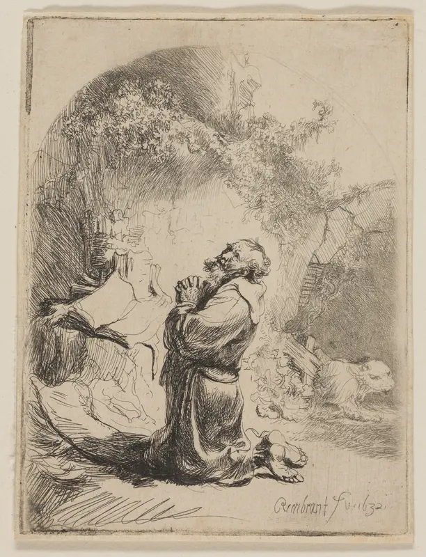 St. Jerome Praying: Arched Wall Art by Rembrandt van Rijn - High-Resolution Digital Print