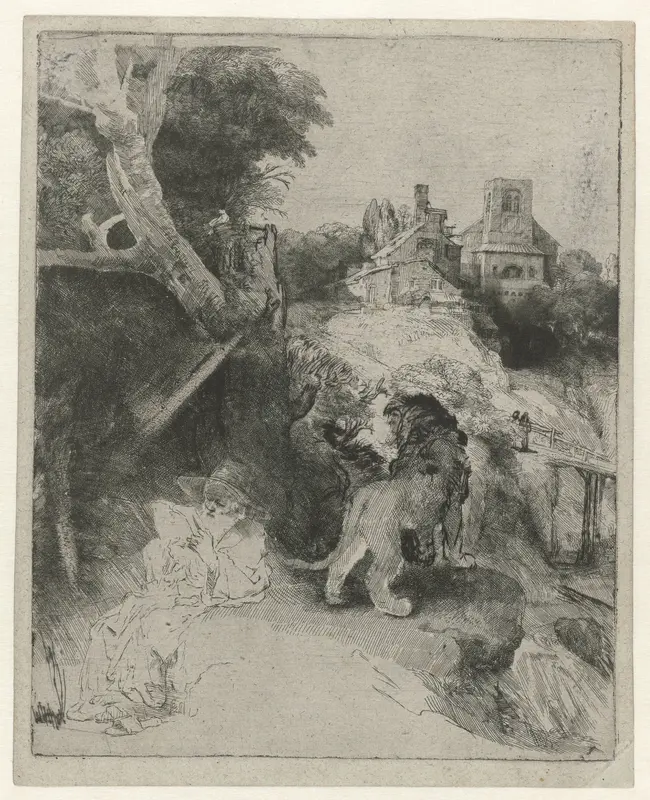 St Jerome Reading in an Italian Landscape Wall Art by Rembrandt van Rijn - High-Resolution Digital Print