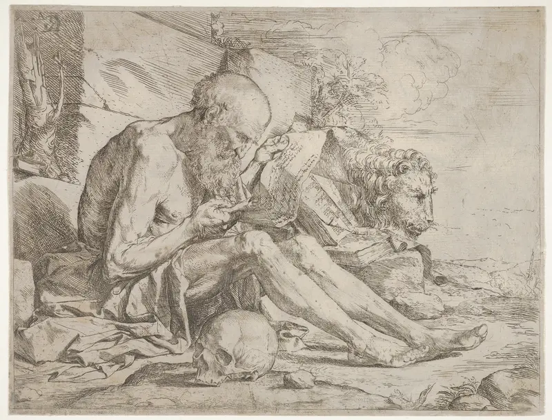 St. Jerome seated on the ground and reading an inscribed scroll, a skull next to his right leg and a lion beyond Wall Art by Jusepe de Ribera (called Lo Spagnoletto) - High-Resolution Digital Print