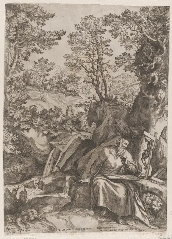 St Jerome Translating the Bible in the Wilderness Wall Art by Cornelis Cort - High-Resolution Digital Print