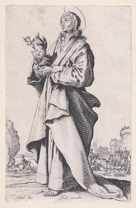 St. John the Evangelist, from "Les Grands Apôtres Debout, Représentant Le Sauveur, La Bienheureuse Marie et Les Saints Apôtres" (The Large Standing Apostles, Representing The Savior, The Blessed Mary and The Apostles) Wall Art by Jacques Callot - High-Resolution Digital Print