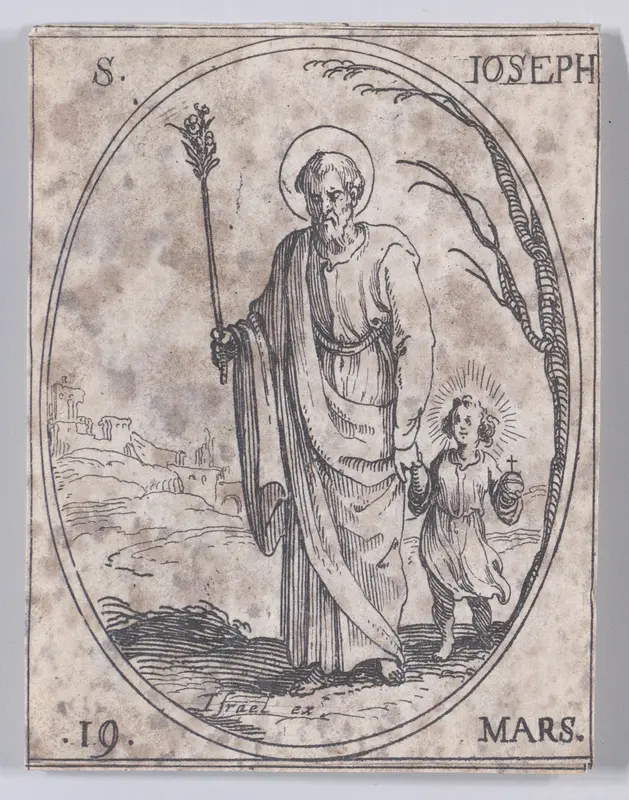 St. Joseph, March 19th, from "Les Images De Tous Les Saincts et Saintes de L'Année" (Images of All of the Saints and Religious Events of the Year) Wall Art by Jacques Callot - High-Resolution Digital Print