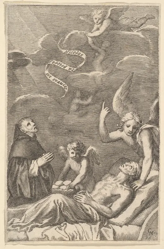 St. Nicolas Praying for a Dying Man Wall Art by Claude Mellan - High-Resolution Digital Print