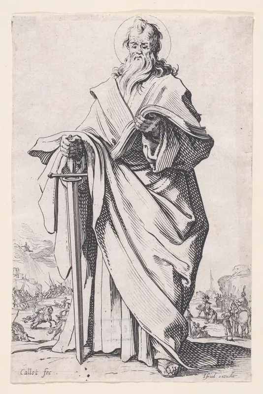 St. Paul, from "Les Grands Apôtres Debout, Représentant Le Sauveur, La Bienheureuse Marie et Les Saints Apôtres" (The Large Standing Apostles, Representing The Savior, The Blessed Mary and The Apostles) Wall Art by Jacques Callot - High-Resolution Digital Print