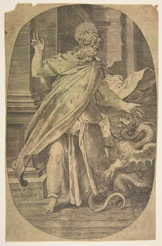 St Paul overcoming the viper, within an architectual setting, an oval composition Wall Art by Giulio Bonasone - High-Resolution Digital Print