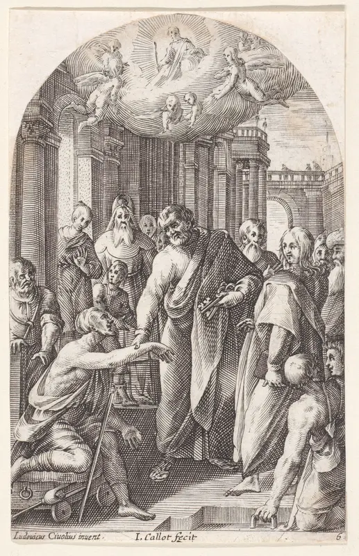 St. Peter and St. John Healing the Lame at the Gates of the Temple, plate 6 from "Les Tableaux de Rome, Les Eglises Jubilaires" (The Paintings of Rome, The Churches Jubilee) Wall Art by Jacques Callot - High-Resolution Digital Print