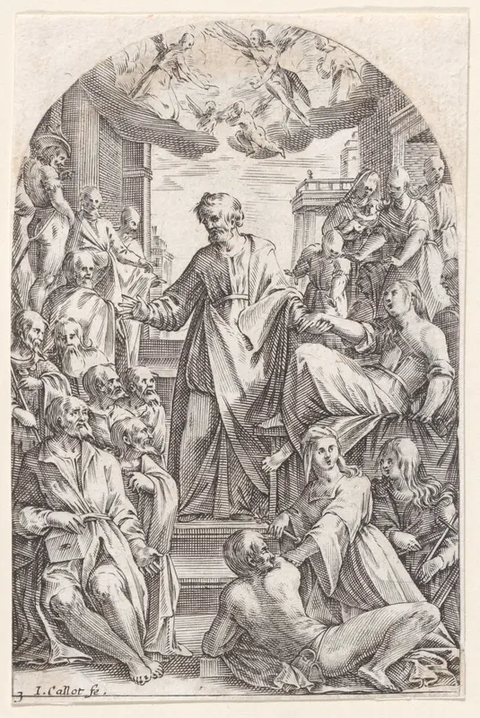 St. Peter Resucitating Tabitha, plate 3 from "Les Tableaux de Rome, Les Eglises Jubilaires" (The Paintings of Rome, The Churches Jubilee) Wall Art by Jacques Callot - High-Resolution Digital Print