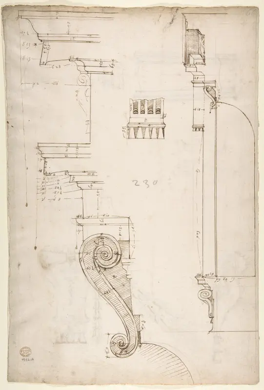 St Peter's apse, exterior niche section and details (recto) St Peter's apse, exterior niche elevation and profiles of details (verso)