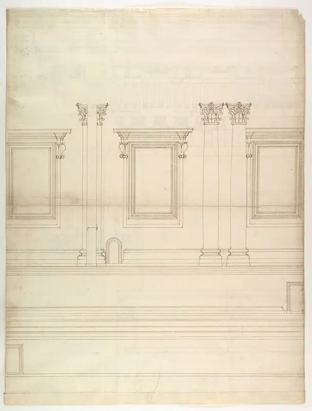 St. Peter's, drum, exterior, elevation (recto) St. Peter's, tribune, entablature, section and details (verso)