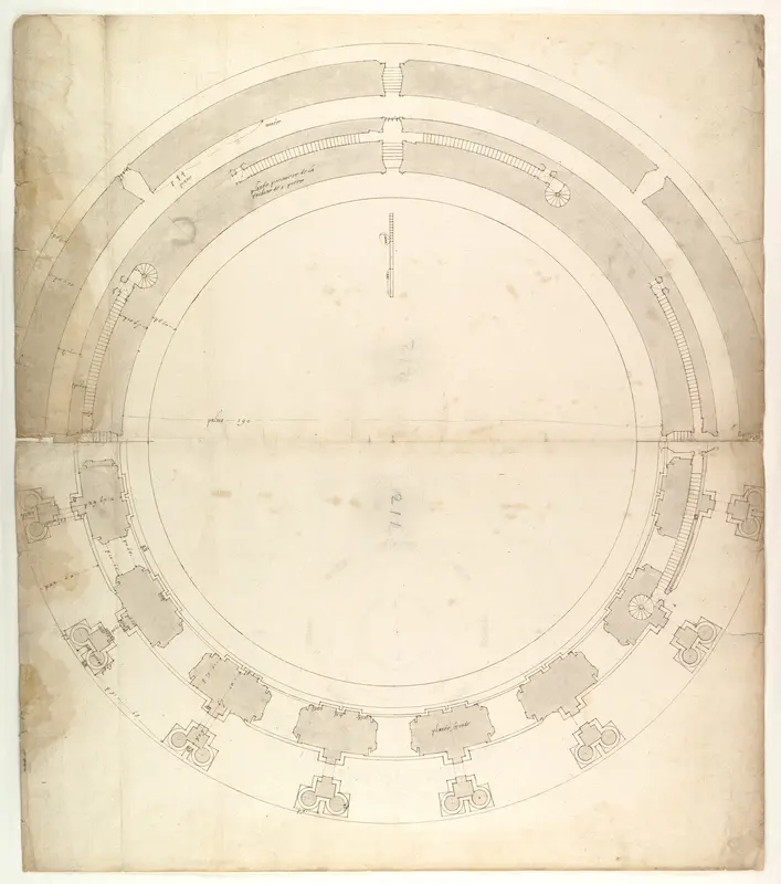 St. Peter's, drum, plan, at two levels (recto) compass (verso)