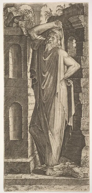 St. Philip(?), standing with his left hand on his hip and his right hand resting on his head, from "Christ and the Twelve Apostles" Wall Art by Lambert Suavius - High-Resolution Digital Print