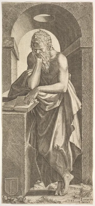 St. Simon standing before an open book with the fingers of his left hand pressed onto the pages, from "Christ and the Twelve Apostles" Wall Art by Lambert Suavius - High-Resolution Digital Print