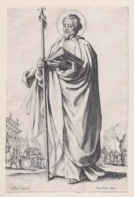 St. Thomas, from "Les Grands Apôtres Debout, Représentant Le Sauveur, La Bienheureuse Marie et Les Saints Apôtres" (The Large Standing Apostles, Representing The Savior, The Blessed Mary and The Apostles) Wall Art by Jacques Callot - High-Resolution Digital Print