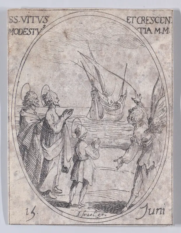 St. Vitus, St. Modestus, and St. Crescentia, June 15th, from "Les Images De Tous Les Saincts et Saintes de L'Année" (Images of All of the Saints and Religious Events of the Year) Wall Art by Jacques Callot - High-Resolution Digital Print